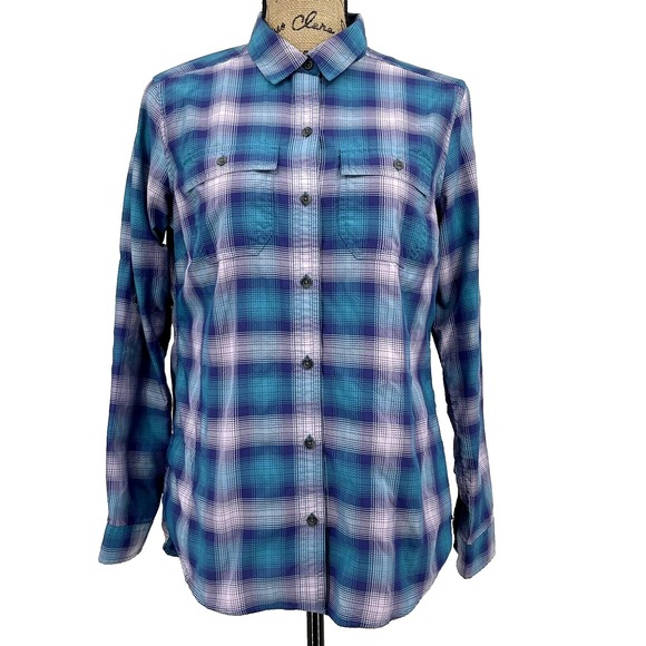Eddie Bauer Top Women M Blue Button Up Long Sleeve Classic Fit Plaid Lightweight - Picture 1 of 8